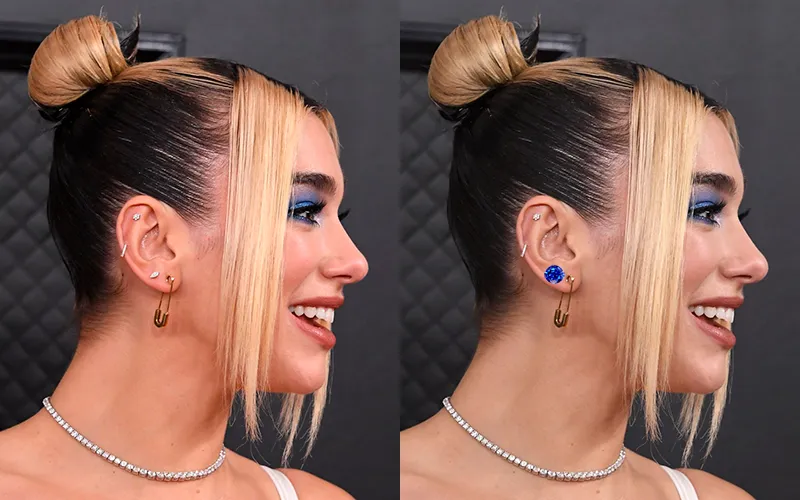 Reimagine these 10 famous jewellery - Dua Lipa’s Safety Pin Earrings - Natural Blue Sapphires